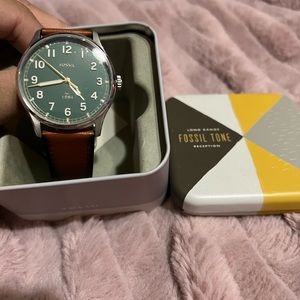 Fossil green face leather band watch